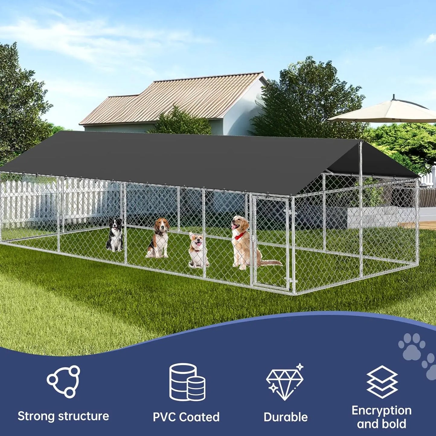 Outdoor Dog Playpen Heavy Duty Dog Kennel House Mesh Dog Big Cage Pet Kennel Steel Fence with Secure Lock (6.56‘x 6.56’)