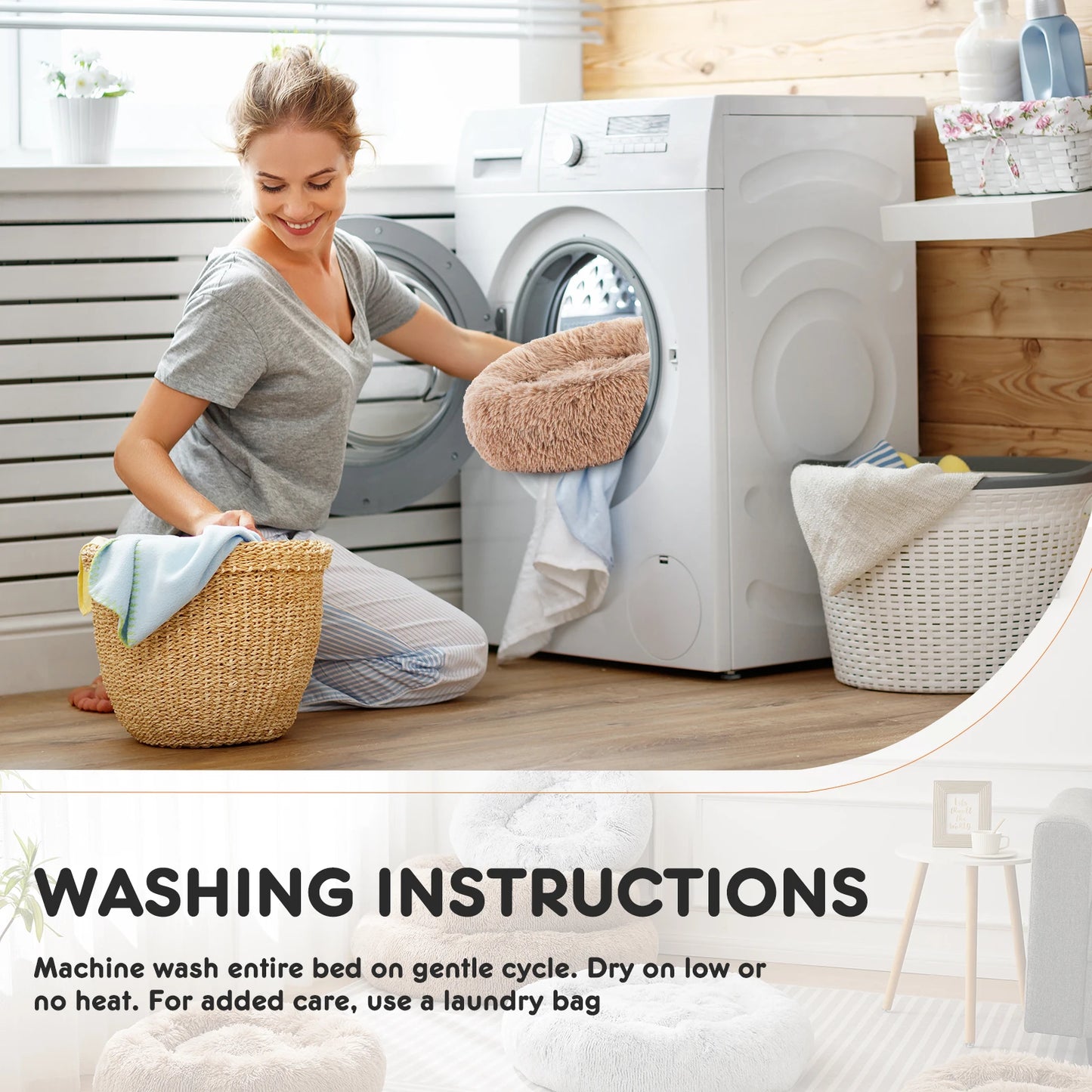 JHK Calming Dog Bed for Medium to Large Dogs Washable Large Pet Bed Anti-Slip Round Fluffy Plush Faux Fur Dog Bed