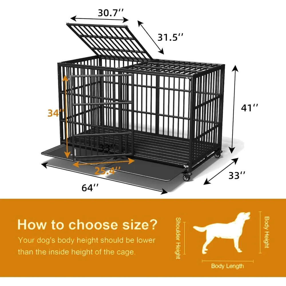 64 inches Heavy Duty Dog Crate, Oversize Dog Crate for Giant Dogs, Extra Large Double Dog Cage with Large and Spacious Space, Tw