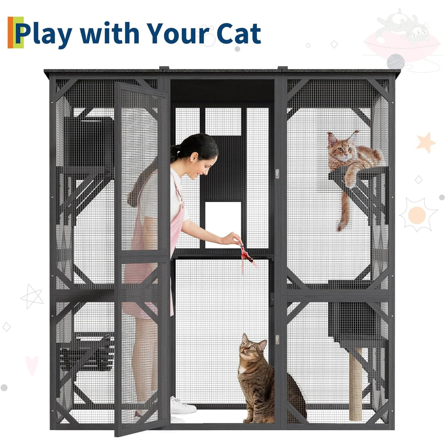 68.1" Multi-Level Wooden Catio Indoor Outdoor With 2 Napping Houses Swing Hammock 4 Platforms Weatherproof For Multiple Cats