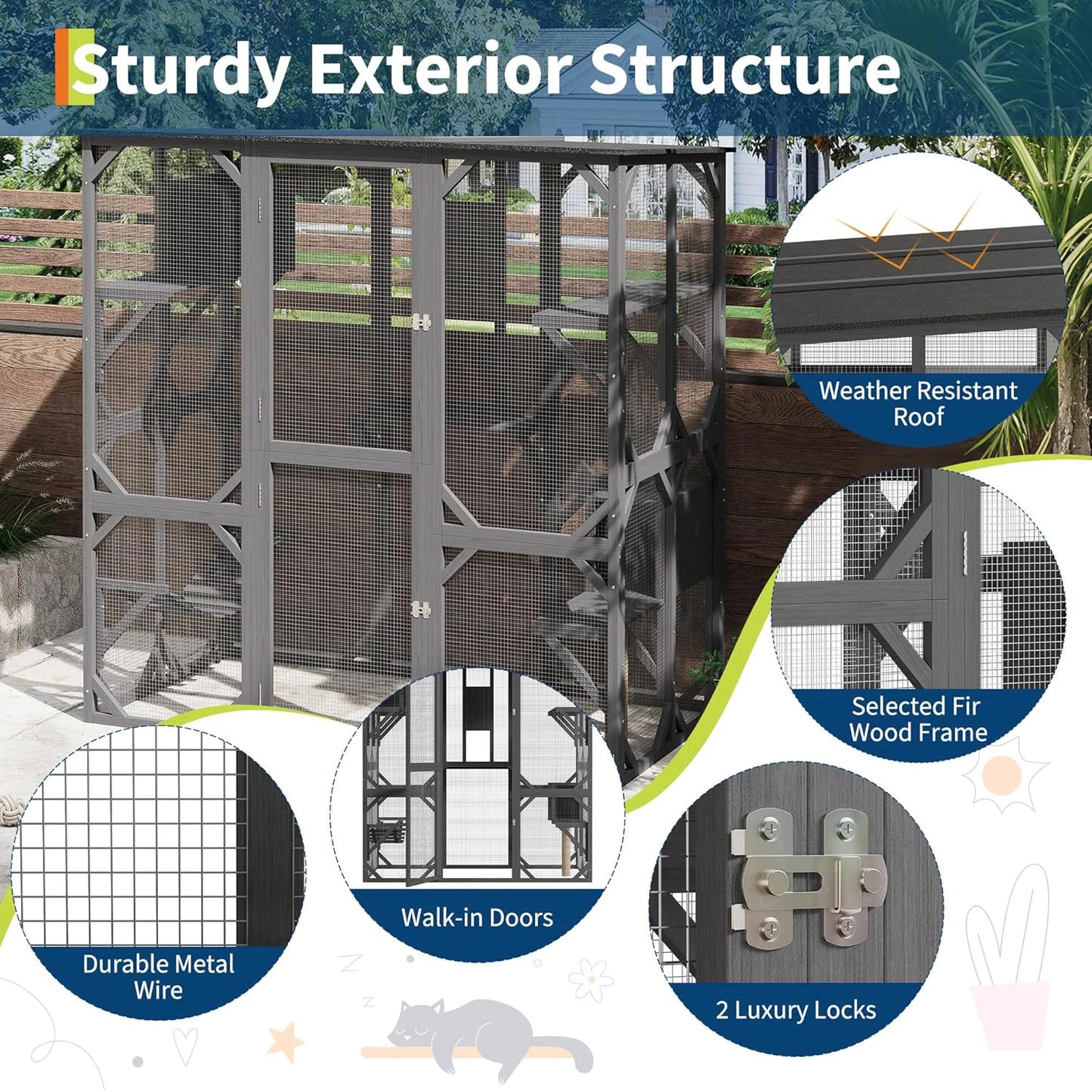 68.1" Multi-Level Wooden Catio Indoor Outdoor With 2 Napping Houses Swing Hammock 4 Platforms Weatherproof For Multiple Cats