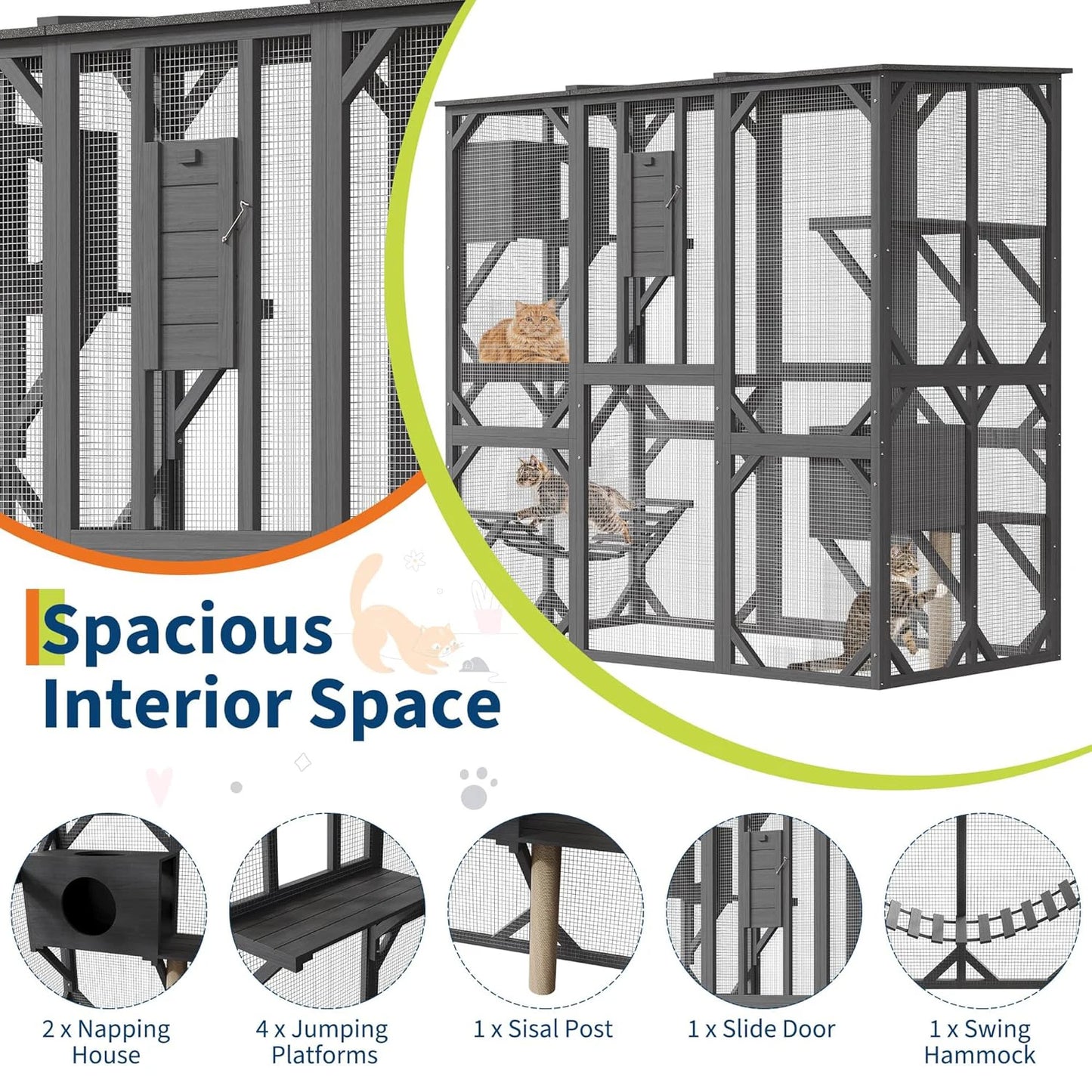 68.1" Multi-Level Wooden Catio Indoor Outdoor With 2 Napping Houses Swing Hammock 4 Platforms Weatherproof For Multiple Cats
