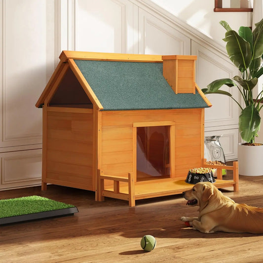 Wooden Dog House, Indoor Outdoor Pet Shelter with Platform, PVC Curtain, Door, Asphalt Roof, Pet House for Small to Medium