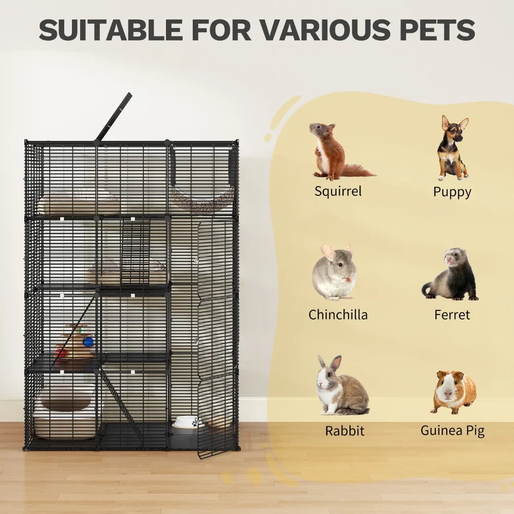 41x55" Black 4 Tier Ferret Cage Free Hammock Metal Rabbit Hutch Cat Catio