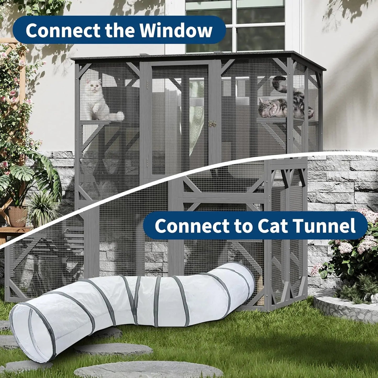 68.1" Multi-Level Wooden Catio Indoor Outdoor With 2 Napping Houses Swing Hammock 4 Platforms Weatherproof For Multiple Cats