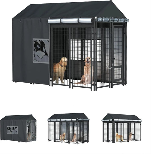 Outdoor Dog Kennel Cover 8x4x6 FT Waterproof Cold Resistant with Zippers & PVC Windows for Pet Protection