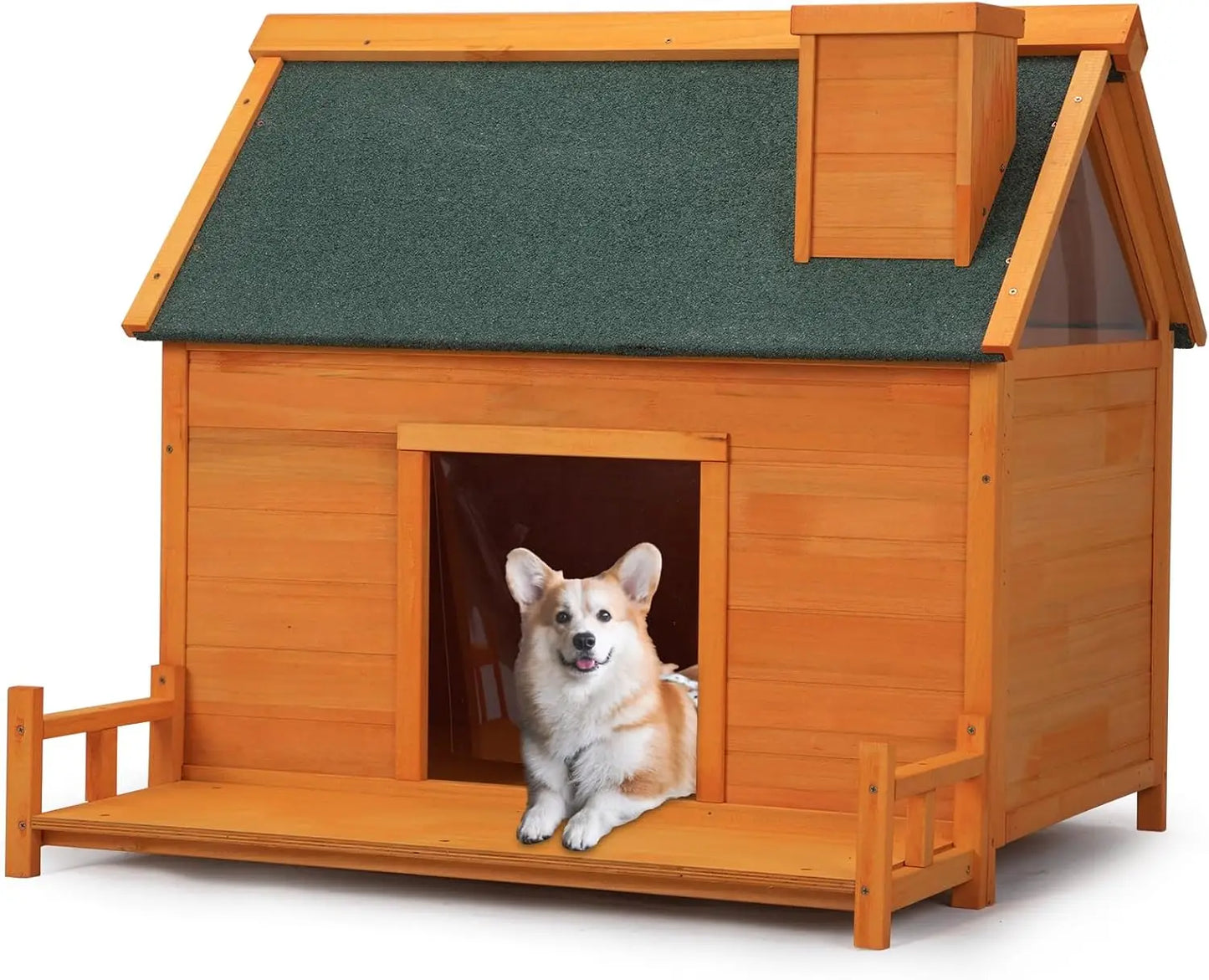 Wooden Dog House, Indoor Outdoor Pet Shelter with Platform, PVC Curtain, Door, Asphalt Roof, Pet House for Small to Medium