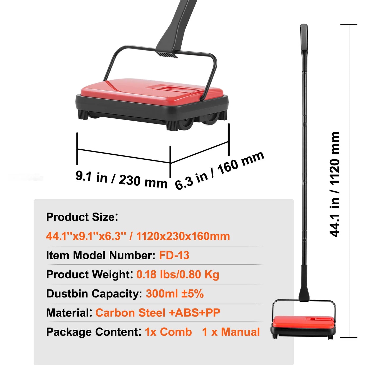 VEVOR Carpet Sweeper Manual Floor Sweeper w/ 300ml Dustbin Capacity 6.7 in Cleaning Width for Home Office Carpets Pet Hair Dust