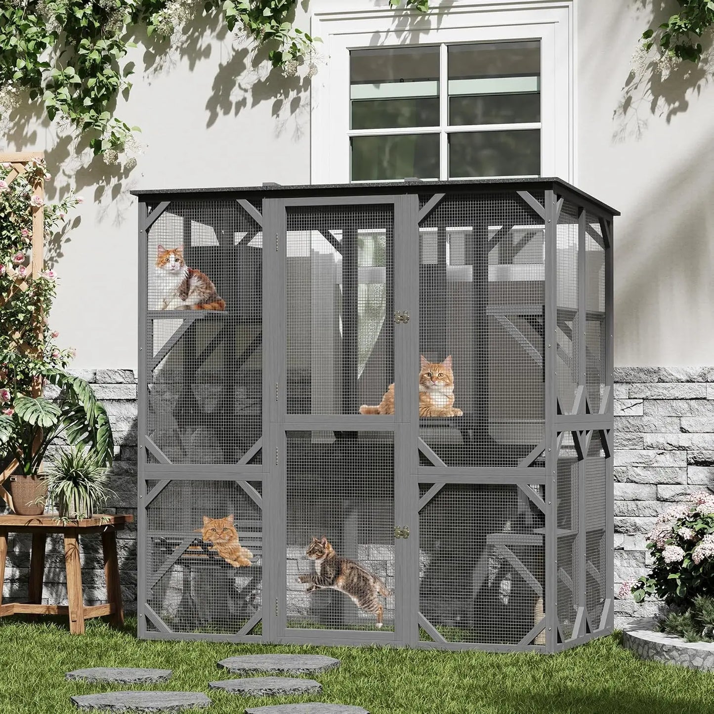 68.1" Multi-Level Wooden Catio Indoor Outdoor With 2 Napping Houses Swing Hammock 4 Platforms Weatherproof For Multiple Cats