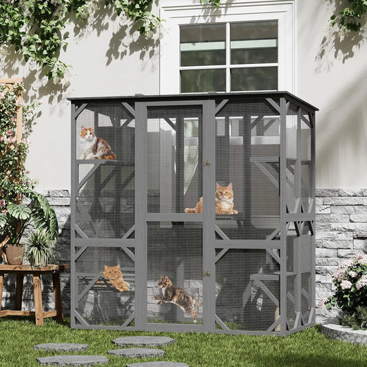 68.1" Multi-Level Wooden Catio Indoor Outdoor With 2 Napping Houses Swing Hammock 4 Platforms Weatherproof For Multiple Cats