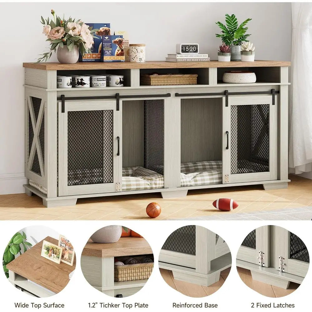 Light Oak/White Dog Crate Furniture for Two Pets, Large Dog Cage with 3 Drawers, Removable Divider, and Sliding Barn Door