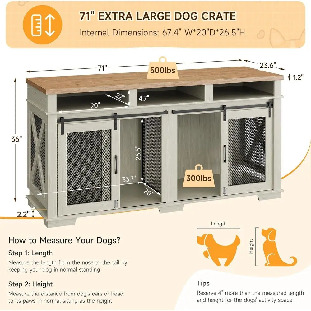 Light Oak/White Dog Crate Furniture for Two Pets, Large Dog Cage with 3 Drawers, Removable Divider, and Sliding Barn Door