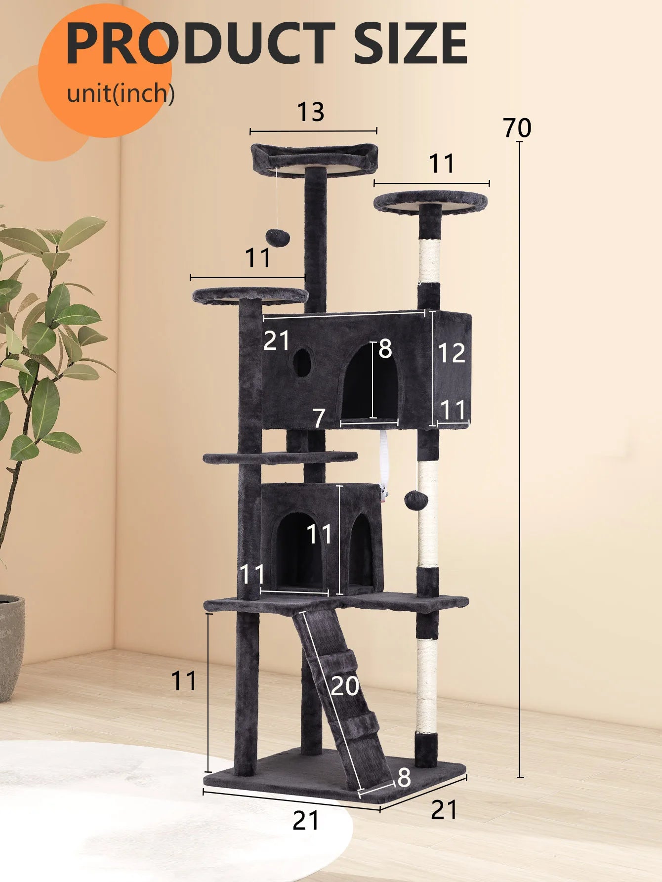 Cat Tree 54/70 Inch Cat Tower Cat Condo with Sisal-Covered Scratching Posts Dangling Ball for Cats to Play and Sleep