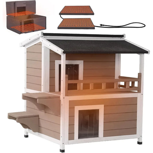 Heated outdoor cat house for outside insulated feral cat shelter weatherproof with heated and insulated liner 2 story brown des