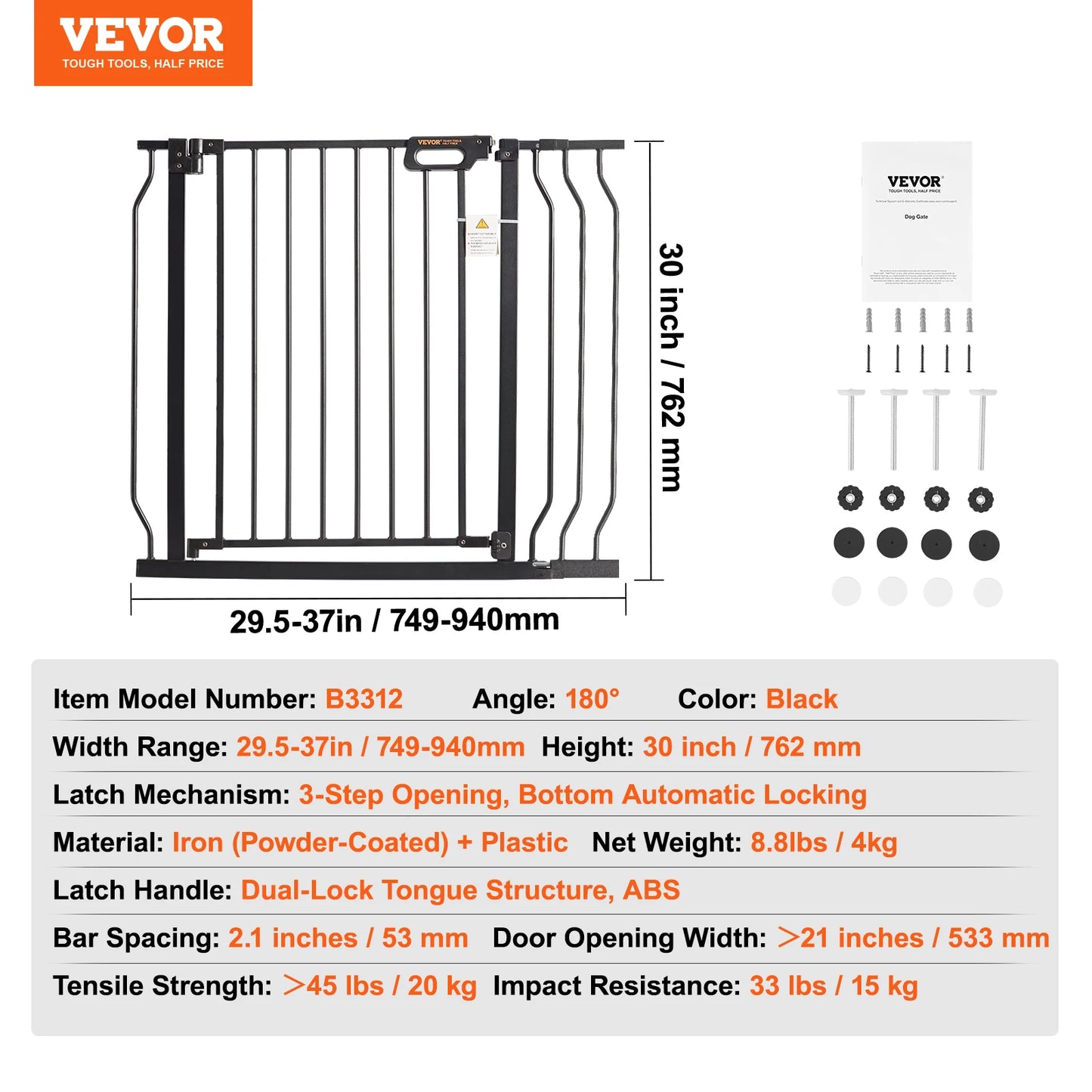 VEVOR Baby Gate 28/30/36 Inches High Dog Gate Easy Step Walk Thru Child Pet Security Pressure Mount Kit Wall Cups Doorways