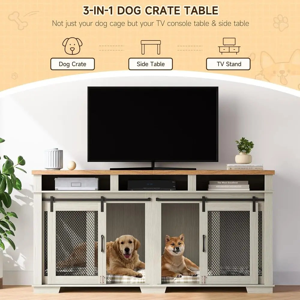 Light Oak/White Dog Crate Furniture for Two Pets, Large Dog Cage with 3 Drawers, Removable Divider, and Sliding Barn Door
