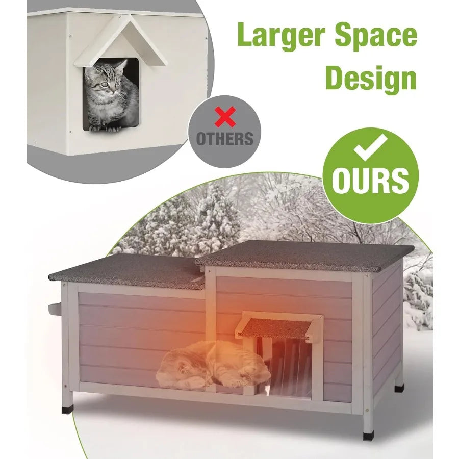 Heated Cat House for Outside Insulated Cat House Outdoor Weatherproof with Bite-Resistant Wires Electric Heating Mat 2 Access D
