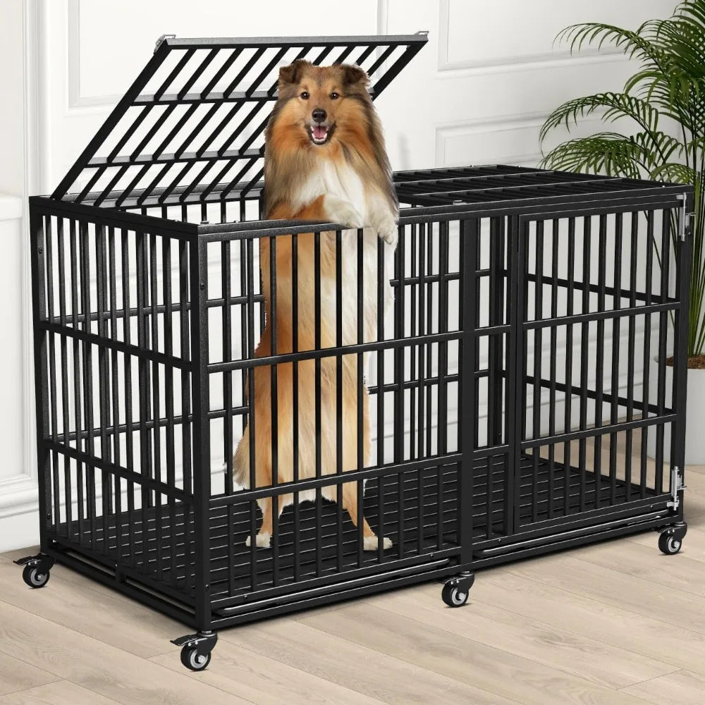 64 inches Heavy Duty Dog Crate, Oversize Dog Crate for Giant Dogs, Extra Large Double Dog Cage with Large and Spacious Space, Tw
