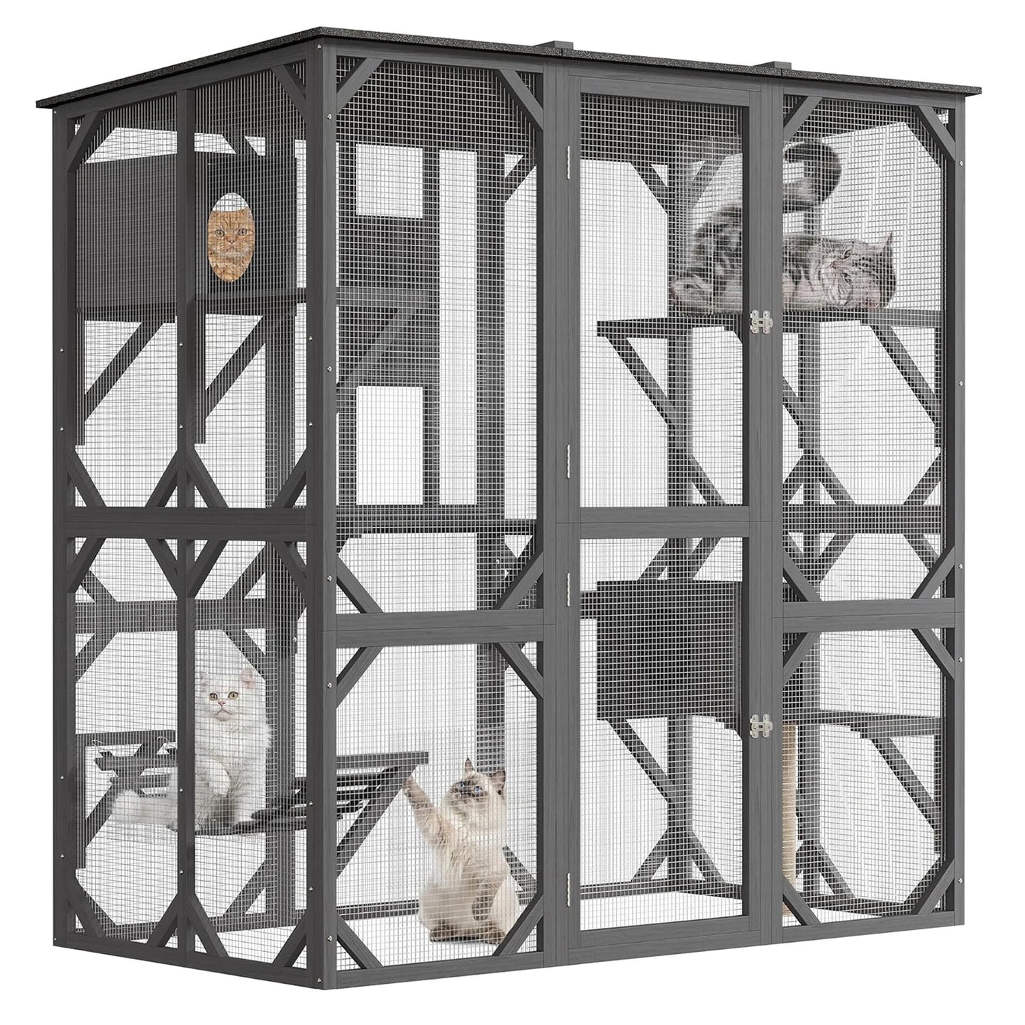68.1" Multi-Level Wooden Catio Indoor Outdoor With 2 Napping Houses Swing Hammock 4 Platforms Weatherproof For Multiple Cats