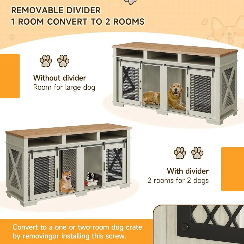 Light Oak/White Dog Crate Furniture for Two Pets, Large Dog Cage with 3 Drawers, Removable Divider, and Sliding Barn Door