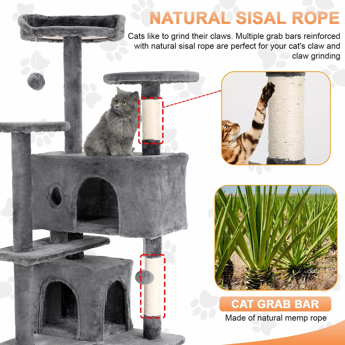 Cat Tree 54/70 Inch Cat Tower Cat Condo with Sisal-Covered Scratching Posts Dangling Ball for Cats to Play and Sleep