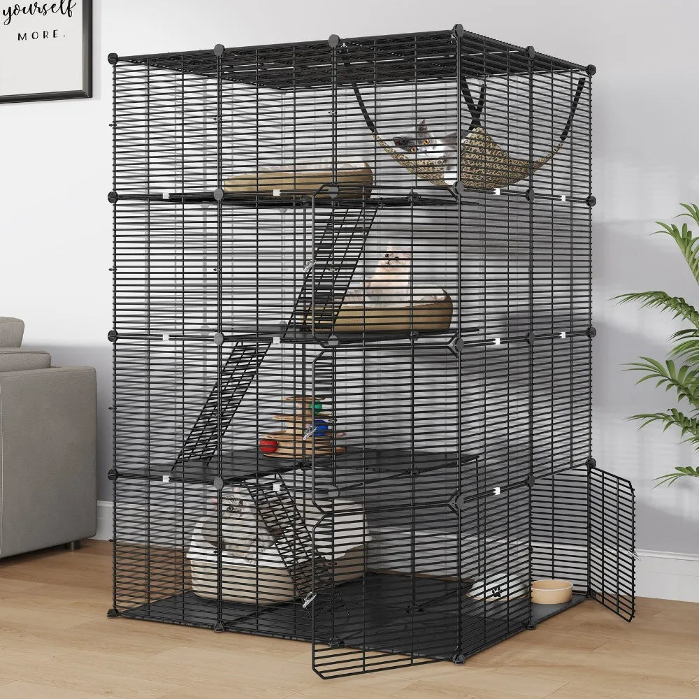 41x55" Black 4 Tier Ferret Cage Free Hammock Metal Rabbit Hutch Cat Catio