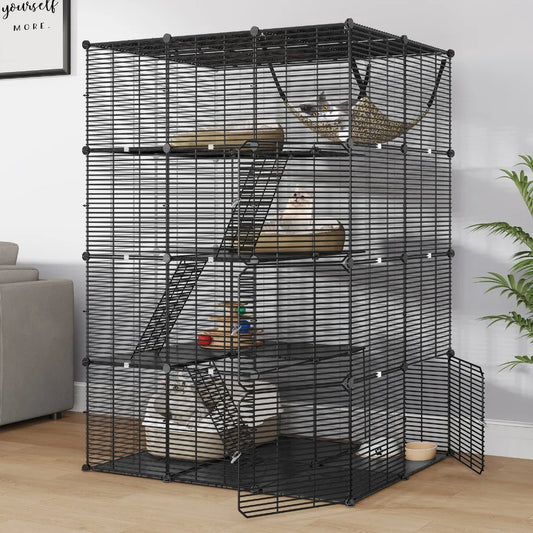 41x55" Black 4 Tier Ferret Cage Free Hammock Metal Rabbit Hutch Cat Catio
