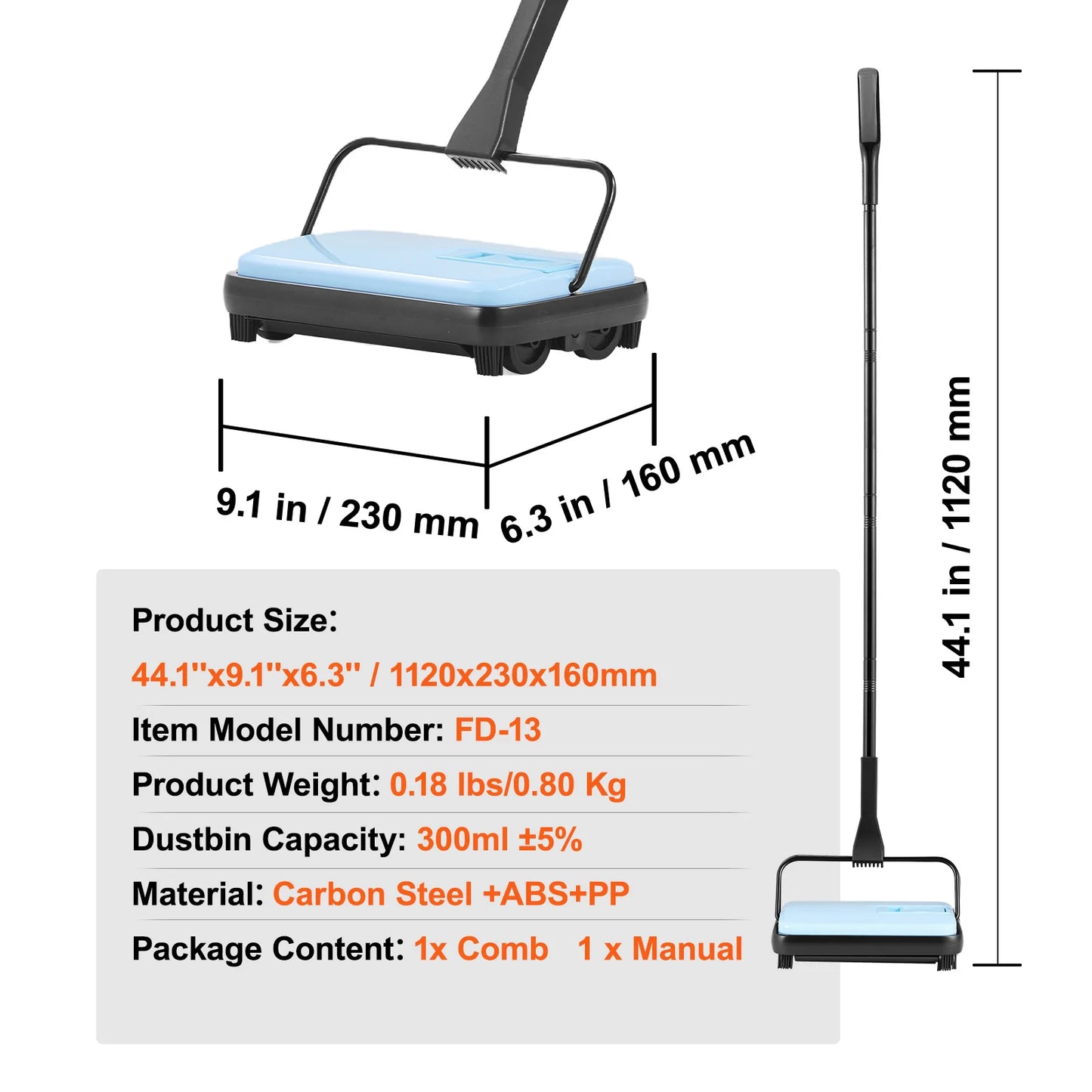 VEVOR Carpet Sweeper Manual Floor Sweeper w/ 300ml Dustbin Capacity 6.7 in Cleaning Width for Home Office Carpets Pet Hair Dust