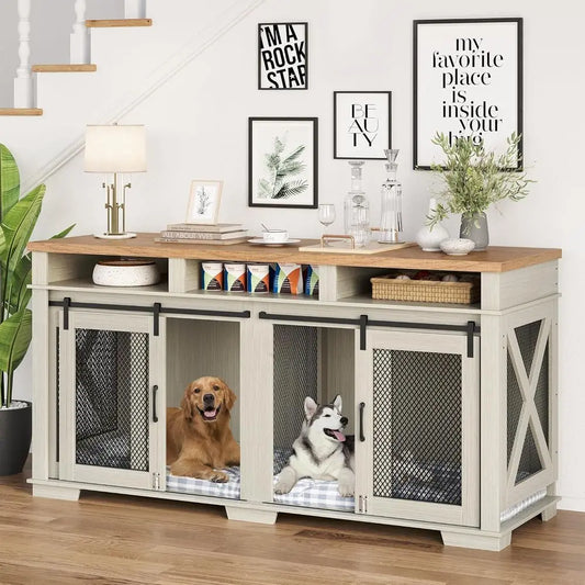 Light Oak/White Dog Crate Furniture for Two Pets, Large Dog Cage with 3 Drawers, Removable Divider, and Sliding Barn Door