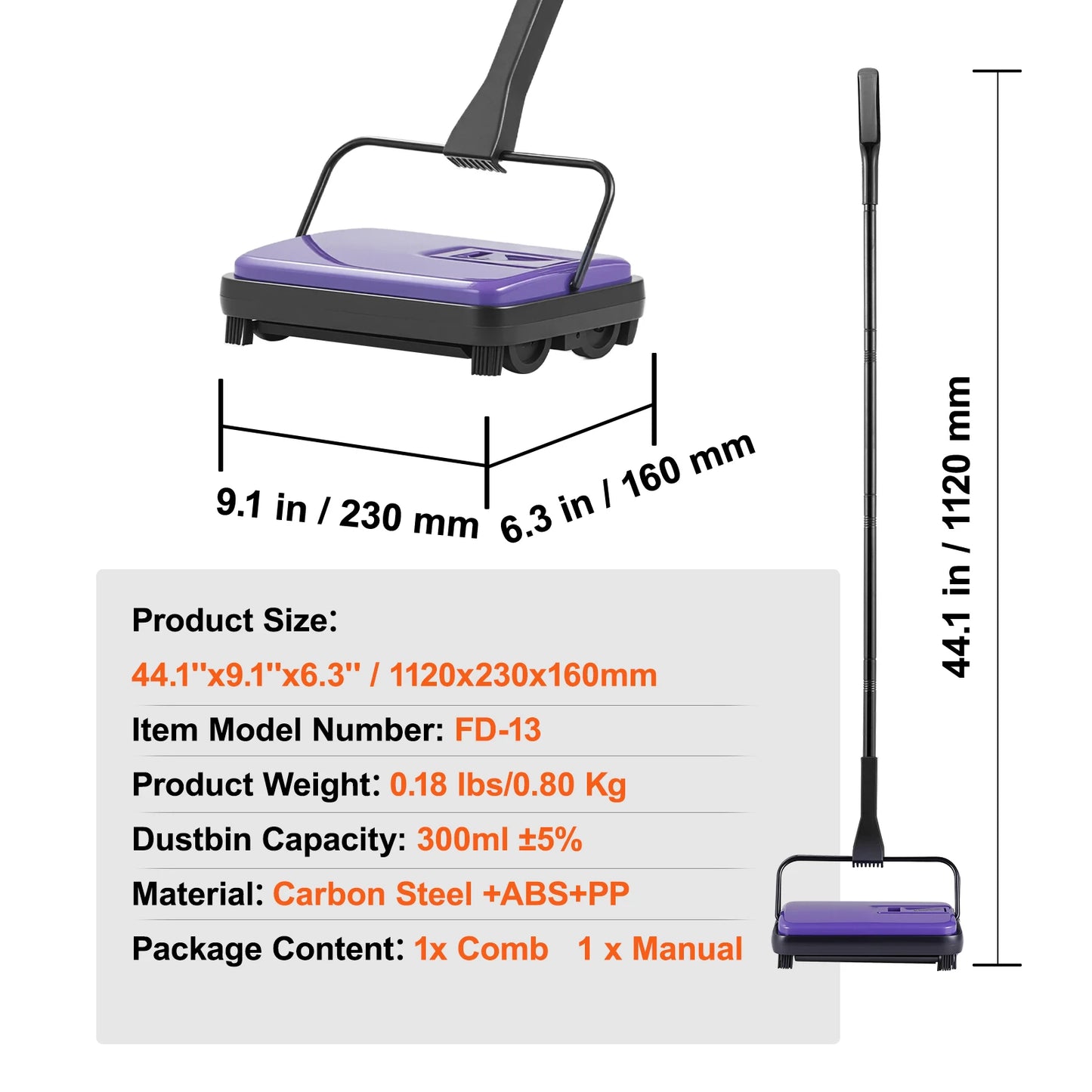 VEVOR Carpet Sweeper Manual Floor Sweeper w/ 300ml Dustbin Capacity 6.7 in Cleaning Width for Home Office Carpets Pet Hair Dust
