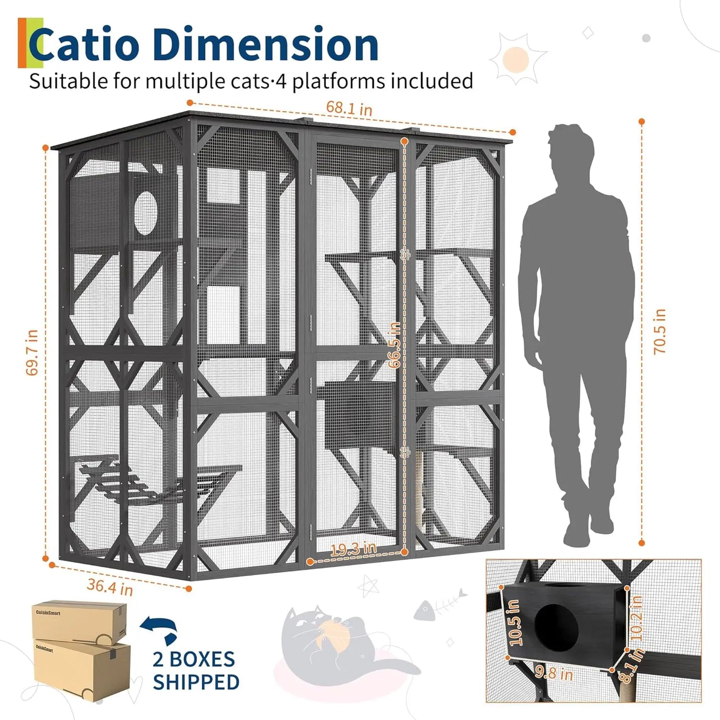 68.1" Multi-Level Wooden Catio Indoor Outdoor With 2 Napping Houses Swing Hammock 4 Platforms Weatherproof For Multiple Cats