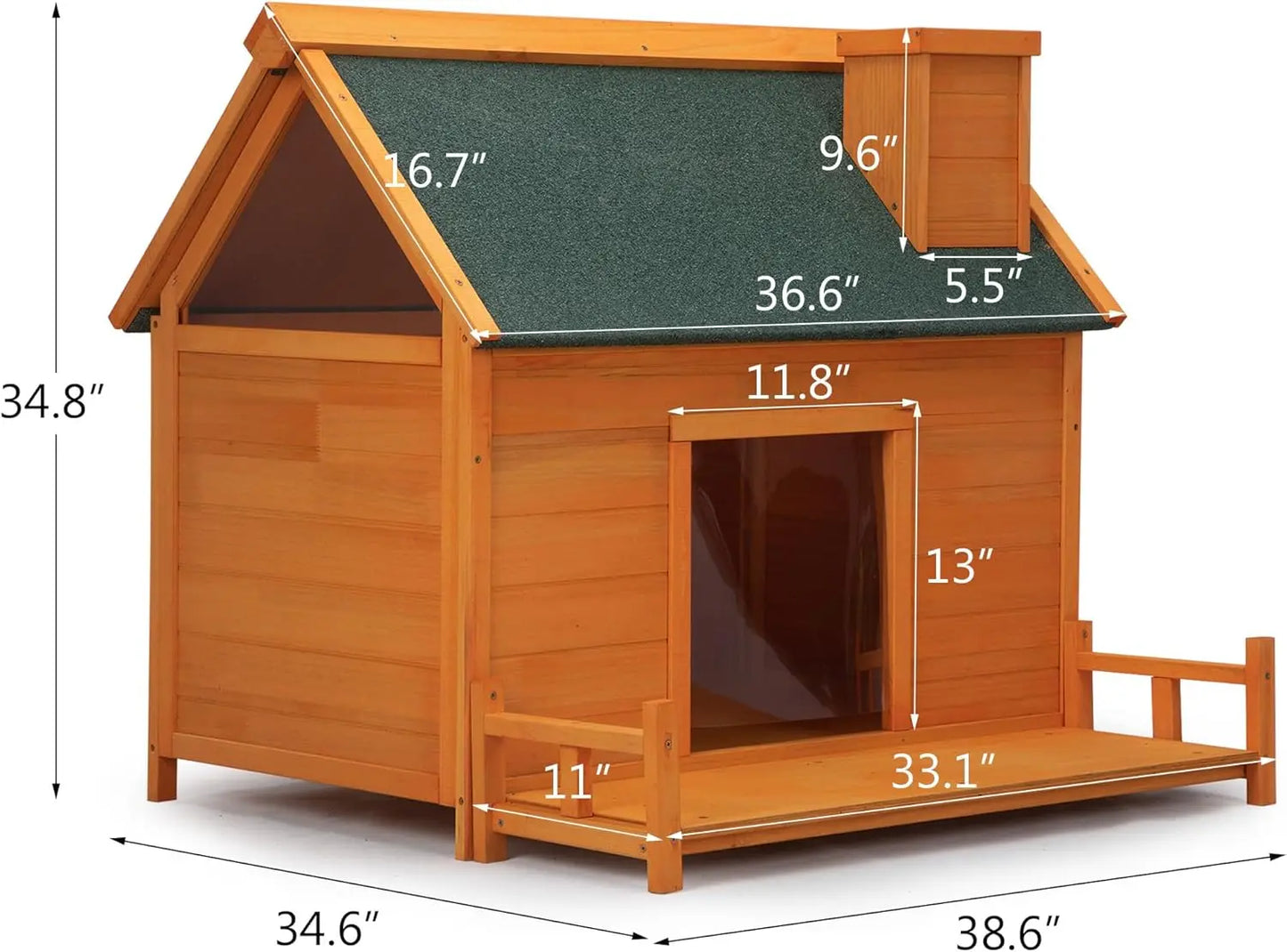 Wooden Dog House, Indoor Outdoor Pet Shelter with Platform, PVC Curtain, Door, Asphalt Roof, Pet House for Small to Medium